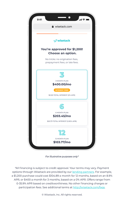 Smartphone showing Wisetack customer approved for $1,200